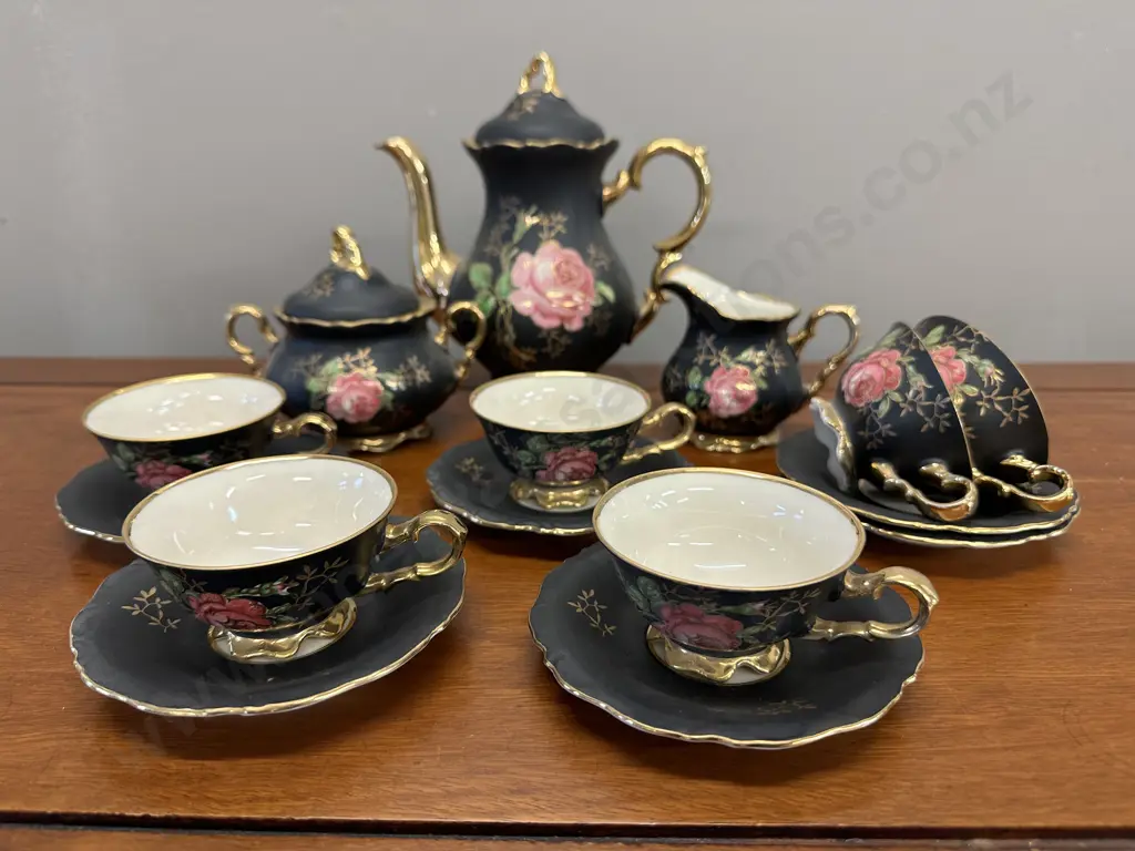 Vintage Bavaria Black & Gold Classic Rose Tea Set Image 1++